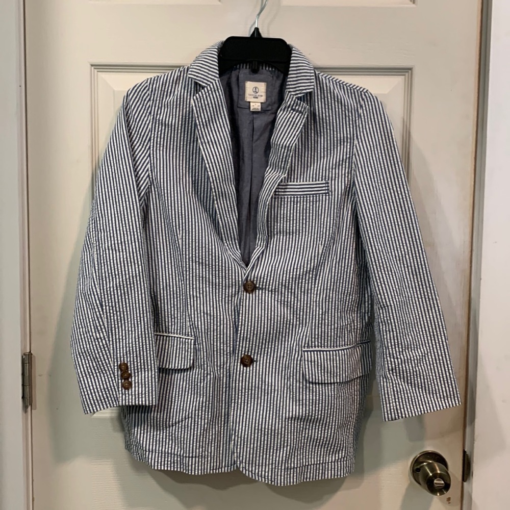 🐰 Lands’ End Blue White Striped Seersucker Suit Jacket Blazer, boys 14H/16H